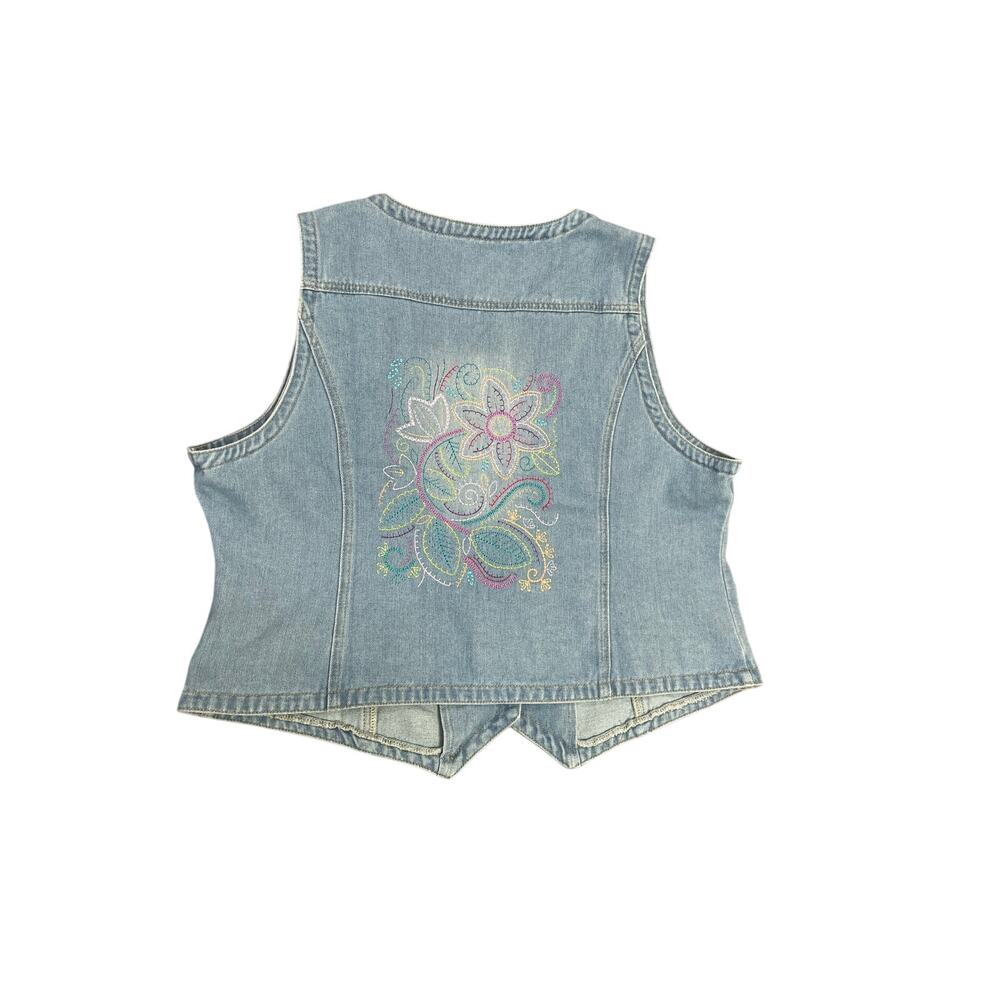Floral Embroidered Light Wash‎ Denim Vest Women's XXL Y2K 90s Cottagecore Boho